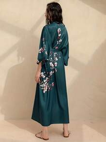 European & American Retro Spring/Summer Commuting Floral Print Mid-Length Cover Up Outwear, Sexy Belted Kimono Robe