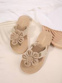 Summer New Casual Slippers, Woven Linen Flower Thong Sandals For Beach Holiday, Soft Bottom Lightweight Simple Student Flat Slippers