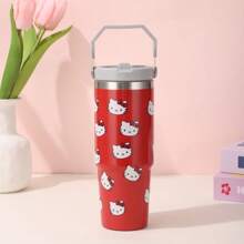 1pc Sanrio Hello Kitty 30 Oz Stainless Steel Insulated Tumbler With Foldable Handle, Reusable Vacuum Travel Mug For Hot/Cold Drinks, Cute Cat Pattern, Ideal For Outdoor, Sports, Fitness, Thanksgiving, Valentine's, New Year Gift, Multipurpose, Round Shape, Hand Wash Only, No Electricity Needed, Suitable For All Ages Back To School
