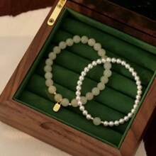 1pc Chinese Style Natural Jade & Pearl Luxurious Bracelet, Suitable For Women Daily Wear