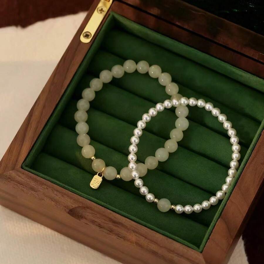 1pc Chinese Style Natural Jade & Pearl Luxurious Bracelet, Suitable For Women Daily Wear