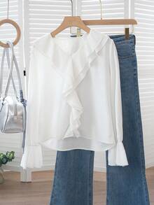 Women's V-Neck Ruffle Trim Long Sleeve Blouse, French Style Delicate Elegant Flared Sleeve Design Tops For Spring & Summer - White - View 1