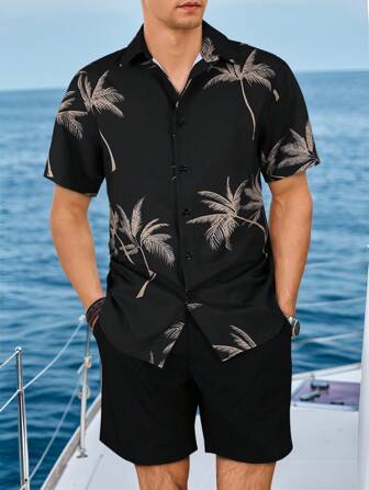 2pcs/Set Men's Casual Regular Outfit: Button-Down Collar Coconut Tree Jacquard Short Sleeve Shirt And Drawstring Solid Color Shorts, Spring/Summer