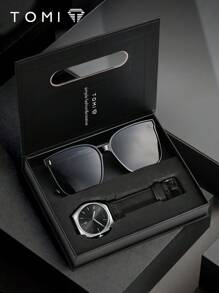 TOMI Relógio de quartzo masculino TOMI com óculos de sol, design de mostrador minimalista moderno e descolado, calendário, pulseira de liga de zinco, caixa de presente para homens, adequado para a vida diária, negócios, dia dos pais, dia dos namorados