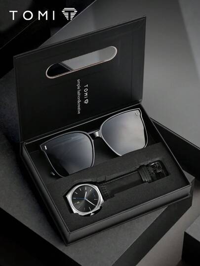  TOMI 男士石英表带太阳镜，时尚酷炫简约表盘设计，日历，锌合金表带，男士礼盒，适合日常生活、商务、父亲节、情人节