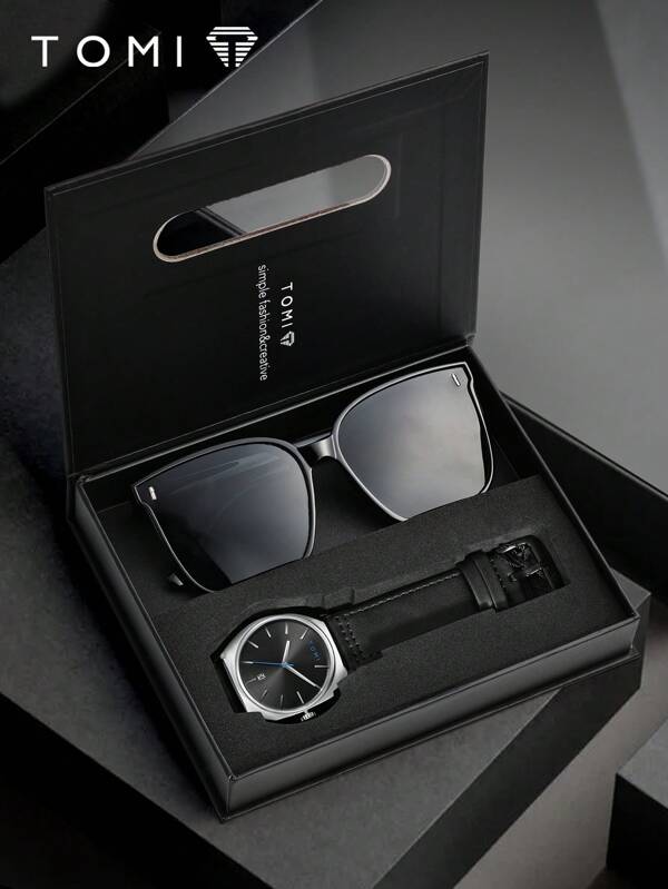 TOMI TOMI Men's Quartz Watch With Sunglasses, Fashion & Cool Minimalist Dial Design, Calendar, Zinc Alloy Strap, Giftbox For Men, Suitable For Daily Life, Business, Father's Day, Valentine's Day