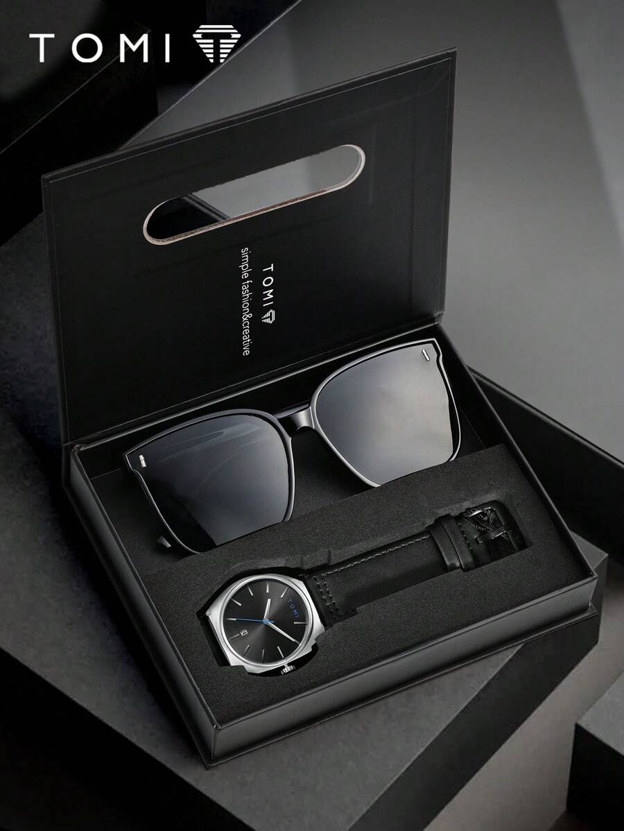 TOMI Relógio de quartzo masculino TOMI com óculos de sol, design de mostrador minimalista moderno e descolado, calendário, pulseira de liga de zinco, caixa de presente para homens, adequado para a vida diária, negócios, dia dos pais, dia dos namorados