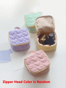 1 pieza Bolsa de maquillaje de lona con diseño de corazón para mujeres, gran capacidad, estilo coreano de moda, estuche con cremallera, bolso de viaje portátil, organizador de artículos de tocador para auriculares, lápiz labial, toallitas sanitarias (el color del tirador de la cremallera es aleatorio)