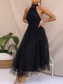 Womens Backless Long Dress Adjustable Tie Halter Neck Tulle High Waist Solid Party Wedding Dress - 黑色 - 查看 4