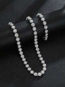 2pcs/Set Classic Round Diamond Splice Street Hip Hop Style Round Diamond Cuban Link Necklace + Bracelet Set, Suitable For Couples Gift And Wear