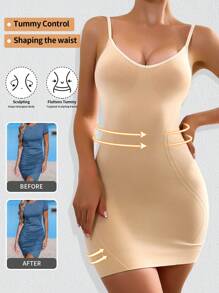 Women Shapewear Seamless Waist Slip Dress With Built-In Bra, Adjustable Shoulder Straps - Apricot - View 4
