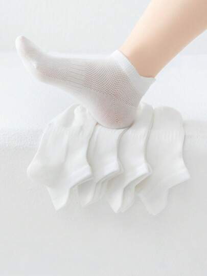 5 双儿童袜子，简单纯色，松紧腰带，后跟带，网眼通风设计，儿童短袜