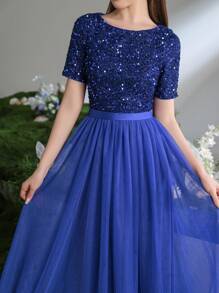 Teen Girl Enchanting Sequin Formal Dress With Flowing Tulle Hem - Graduation Dress - Royal Blue - View 7