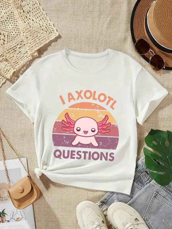 Tween Girl Casual Fun Print Crew Neck Short Sleeve T-Shirt, Summer Top