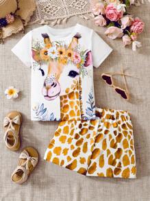 2pcs/Set Toddler & Young Girl Cartoon Deer Print Casual T-Shirt & Shorts Outfit, Fashionable Spring/Summer