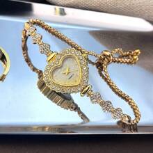 1 Đồng hồ đeo tay bằng hợp kim vàng Gradient dành cho nữ, vỏ hình trái tim thời trang & đồng hồ thạch anh mặt số Ả Rập, thiết kế dây rút có thể điều chỉnh, tiện lợi khi đeo, thích hợp để trang trí hàng ngày - Màu vàng - Xem 6