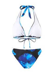 Damski kwiatowy nadruk bikini góra, pasujące dolne części, spódnica zakrywająca strój kąpielowy