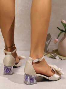 女式夏季米色粗跟透明绑带蝴蝶结凉鞋