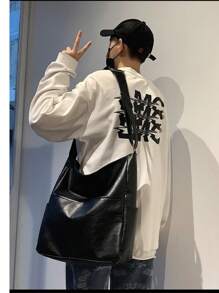 1pc PU Dual Pocket Solid Color Minimalist Sling Bag, Large Capacity Crossbody Bag, Casual Versatile Tote For Men, Korean Style Students Shoulder Bag Gift Sling Bag For Men Graduation School Supplies Book Bag Shopping Bag Laptop Bag Laptop Case - Black - View 3