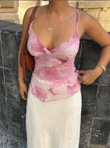 Women's Floral Print V-Neck Irregular Hem Vest, Suitable For Going Out And Beach - Pink - View 1