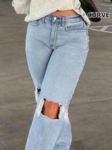 Plus Size Women's Casual Washed Mid-Rise Pocket Ripped Frayed Loose Boyfriend Straight Leg Jeans - Rửa nhẹ - Xem 3