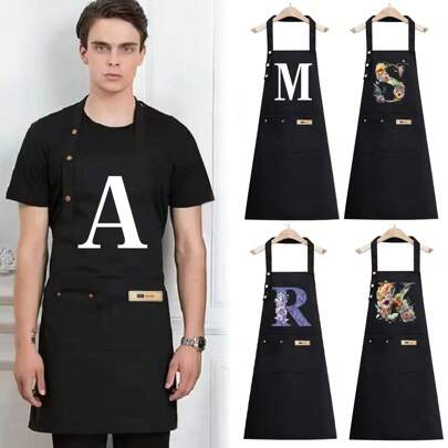 1pc Unisex Kitchen Apron, Oil & Water Resistant, Cooking Apron, Adjustable Waist, A-Z Letter Pattern, Coffee Color Bib Apron, Kitchen Accessory