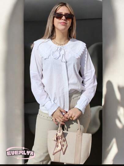 EverlyX White Buttoned Blouse With Bib Collar And Embroidered Details - Sweet Ivy Model With Romantic Design, Light Sleeves And Sophisticated Finish For An Elegant And Feminine Look - A Timeless And Versatile Garment For Any Occasion - ✅ Delivery In 24/72h To Spain