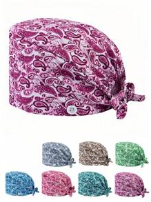 1 pieza Gorro de enfermera de alta calidad con estampado de flores de paisley coloridas, con cordón, elástico en la parte trasera y ganchos para correa lateral de máscara, adecuado para médicos, enfermeras y todo el personal de hospital, salón de belleza y veterinaria - Multicolor - Ver 9