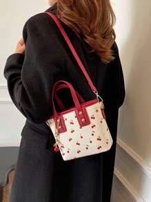 时尚迷你樱桃印花 PU 拉链女士手提包、单肩包、斜挎包、迷你水桶包、圣诞礼物、耐刮擦 PU 材质、适合购物、约会、派对、通勤、可调节肩带、优雅简约休闲红色女士手提包 - 彩色 - 查看 6