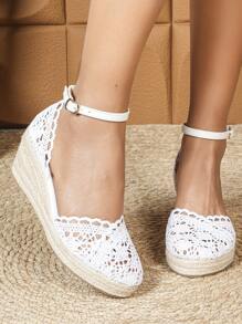 Women's Hemp Rope Wedge Lace Breathable Hollow Out Round Toe Sandals, Platform High Heel Woven Fisherman Casual Shoes, Versatile