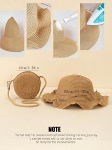 2pcs Set Khaki Wave Pattern Sun Hat And Crossbody Woven Straw Bag, Suitable For Beach Vacation - Multicolor - View 5