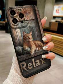 1pc Stylish Cute Cat Pattern Camera Full Protective Shockproof Mobile Phone Case, Minimalist Design Compatible With IPhone//OPPO/Vivo/Redmi/ Series - Black - View 5