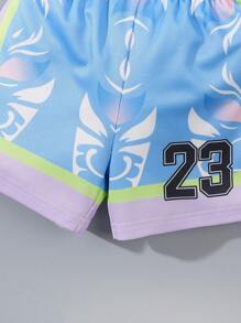 2pcs/Set Boys' Basketball Sports Outfit, Short Sleeve Shirt And Shorts, Casual Comfort Blue-Pink-Purple Gradient Design, Basketball No.23 Print, Suitable For Sports And Outdoor Wear
