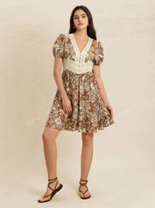 Rusttydustty Spring Linen Feel Women's Rustic Floral Vintage Dress With Lace Details Soft Romantic Short Dress For  Vacation Outfits Beach Coachella Music Festival