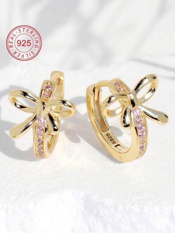 Artepollo 1 pieza Pendientes de aro con lazo de plata de ley 925 hipoalergénicos, incrustados con circonita rosa, exquisitos y elegantes, regalo para niñas, amigas, vuelta al colegio