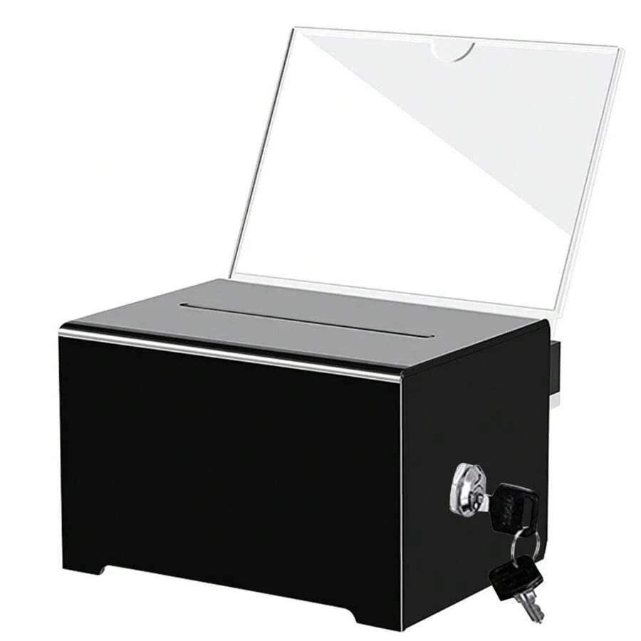 Black Acrylic Donation Box With Lock Sign Holder Comments Box For Business Cards Donations Voting Fundraising - Black - View 1