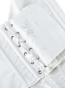 女式提花露背系带紧身胸衣塑身衣上衣，修身腰带，无肩带，适合新年派对、情人节、节日、毕业典礼、万圣节服装，奶油黄色 - 白色 - 查看 5