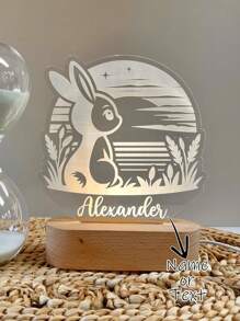 1 pieza Luz de noche personalizada con conejo LED - Placa de foto de conejito personalizada con Spotify, con base de madera 3D y acrílico, regalo romántico de señal luminosa para decoración de pared, dormitorio, habitación de niños, oficina en casa, para Pascua/Aniversario/Inauguración de la casa/Cumpleaños/Navidad/Acción de Gracias/Halloween