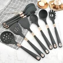 Set de utensilios de cocina de 11 piezas en color oro rosa, utensilios de cocina antiadherentes de silicona con mango de silicona, incluye espátula y soporte, kit de utensilios de cocina y gadgets de silicona - Gris Oscuro - Ver 2