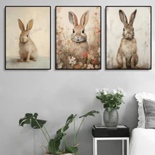 1 pieza Cartel de arte de pared Animales botánicos vintage Pascua Conejo Conejito en campo de flores Liebre Póster de cabaña Pintura en lienzo Arte de pared Decoración para el hogar Regalo perfecto para estudio y sala de estar Decoración Canvas sin marco