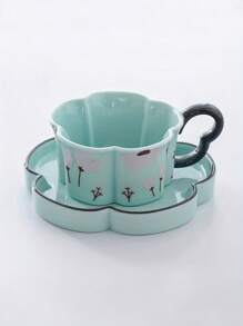 1 套绿色花卉陶瓷杯和碟子，适用于家庭、办公室水杯、咖啡杯、早餐杯 - 精美的节日礼物，非常适合情人节、母亲节、感恩节、纪念品