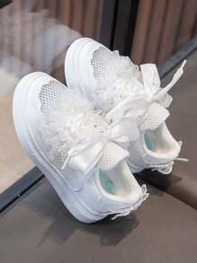 1 双女童夏季镂空网眼透气白色运动鞋，儿童公主运动休闲平底鞋 - 白色 - 查看 6