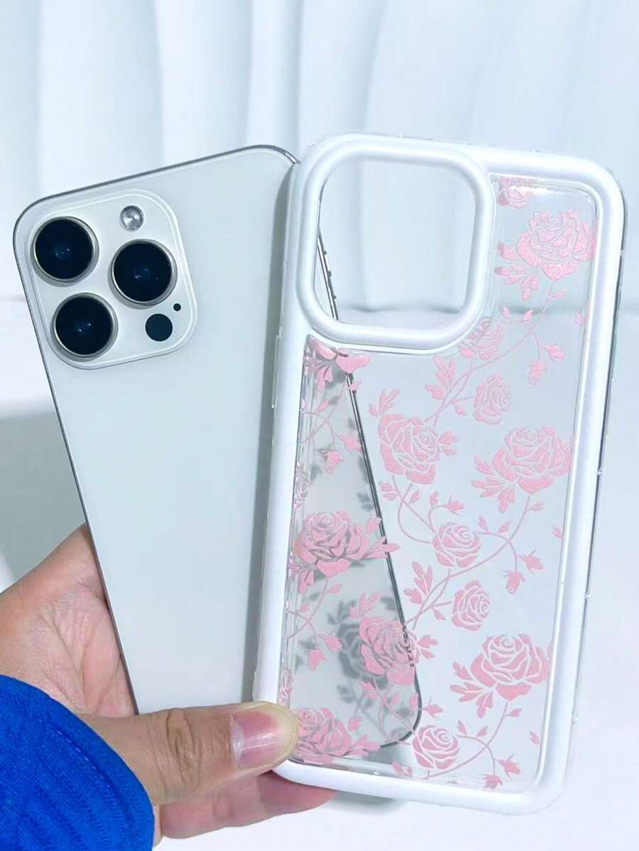 1 pièce Étui de téléphone portable élégant et résistant aux chocs avec motif rose rose, convenant aux femmes, compatible avec iPhone 15/15 Pro/15 Pro Max/16/16 Pro/16 Pro Max/12/13 Mini/14 Pro Max/X/XS/XR - Transparent - Voir 1
