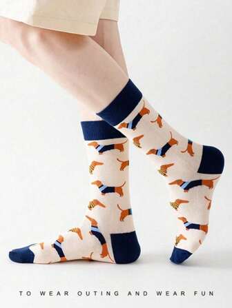 1 Pair Of Men Fun Personalized Animal Cartoon Funky Socks, Fall