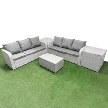 Fimous Outdoor Garden Furniture Sets 6 Seater Wicker Rattan Furniture Sofa Sets With Rectangular Coffee Table High Back Lounge Sofa 2 Side Table Light Grey - Light Grey - View 1