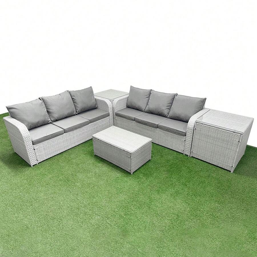Fimous Outdoor Garden Furniture Sets 6 Seater Wicker Rattan Furniture Sofa Sets With Rectangular Coffee Table High Back Lounge Sofa 2 Side Table Light Grey - Light Grey - View 1