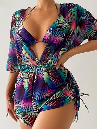 3pcs Women Tropical Plant Print Halter Neck Bikini Set With Removable Sarong Cover-Up