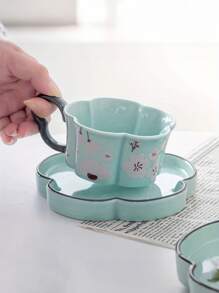 1 套绿色花卉陶瓷杯和碟子，适用于家庭、办公室水杯、咖啡杯、早餐杯 - 精美的节日礼物，非常适合情人节、母亲节、感恩节、纪念品