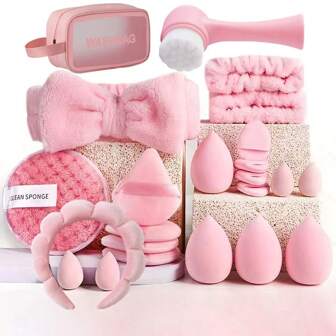 23-Piece Combo Set Soft Face Headband, Elastic Wristband, Beauty Egg, Powder Puff, Cleansing Brush, Hair Band.