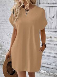 Premium Knit Batwing Sleeve Dress Loose Summer Women's Fashion - Màu nâu  Mocha - Xem 4